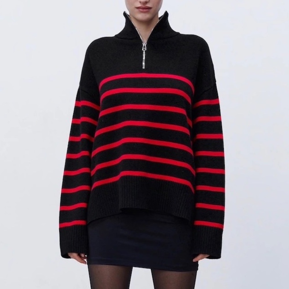 ZARA Knit Breton Stripe Zip Pullover Sweater